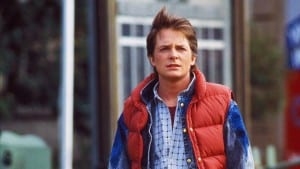 Michael J. Fox and his vest in the 1985 movie Back to the Future.</e