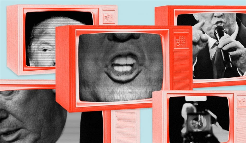 President Trump's face in the screens of many old-fashioned television sets