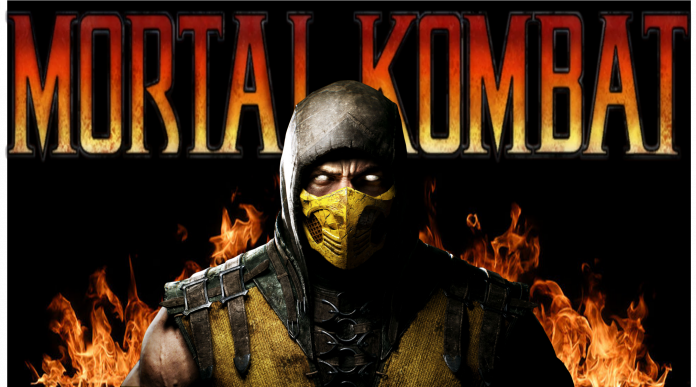 Scorpion from Mortal Kombat in front of the game's logo and rising flames