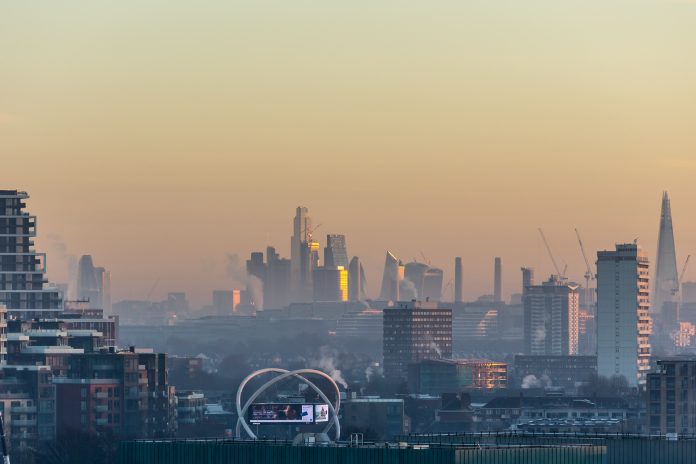 London skyline with air pollution amongst buildings.