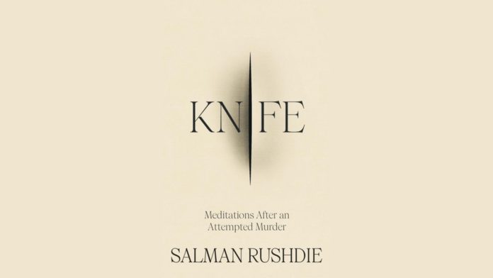 The cover of Knife by Salman Rushdie, focusing on the word 'Knife' with a stylised cut instead of the 'I'.