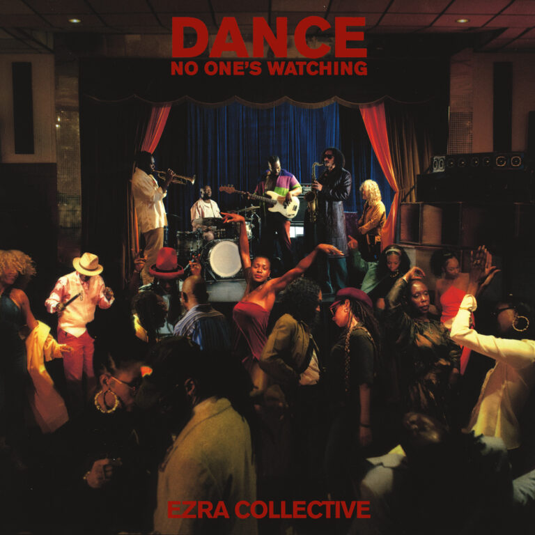 Album art for Ezra Collective's fourth studio album, Dance, No One's Watching, featuring the band playing to a diverse crowd of dancers enjoying themselves.