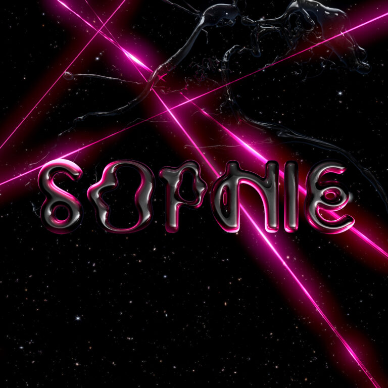 Album artwork for the posthumous album from SOPHIE, featuring futuristic, metallic lettering on a pink and black hued background.