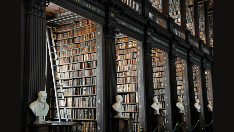 an old library with bookshelves